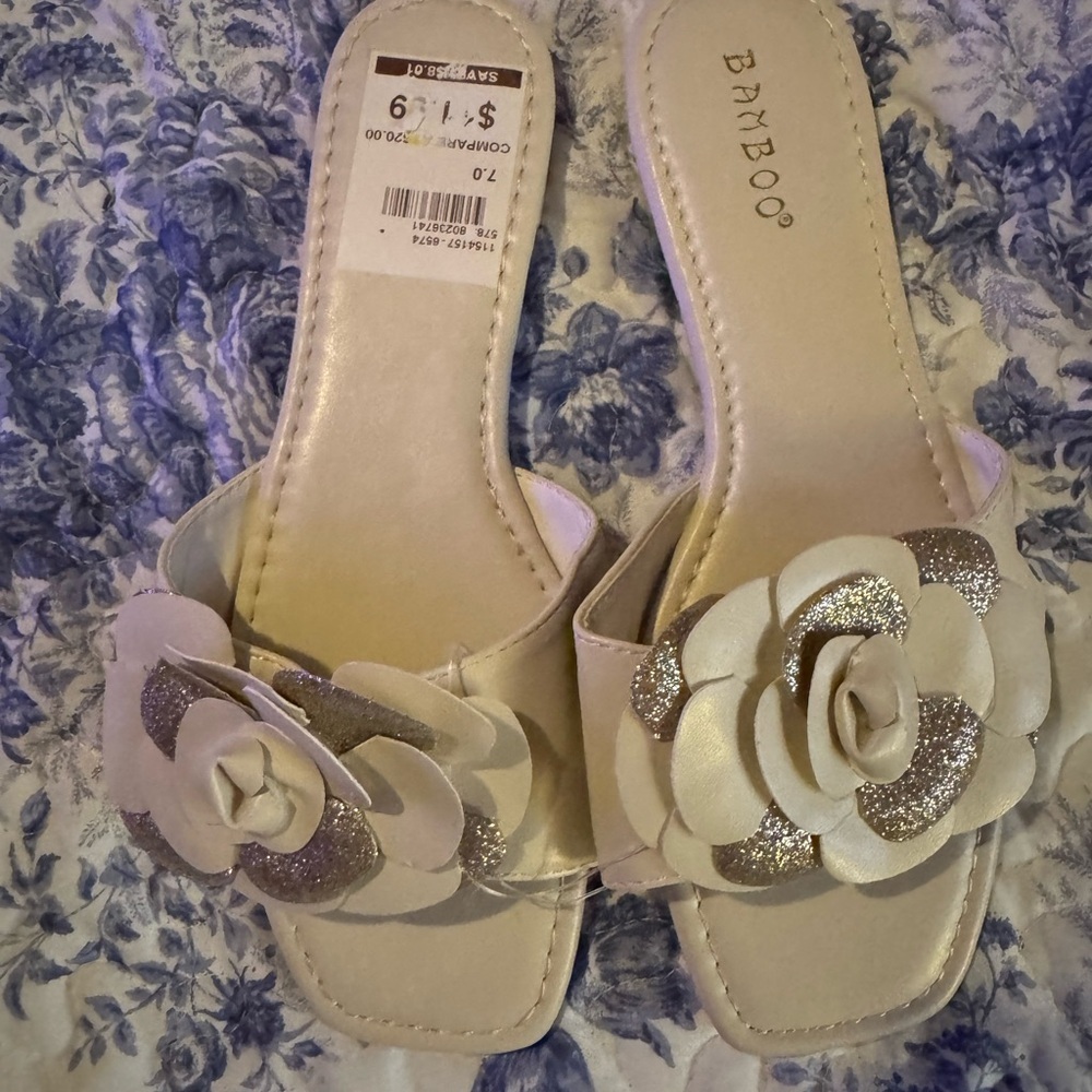 Bamboo Women's Cream and Silver Slide Sandals